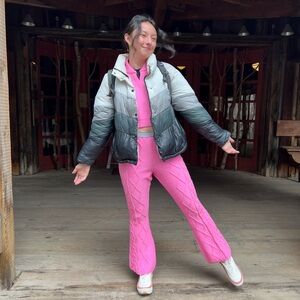 Cable-Knit Wide-Leg Pants and sweater top in Bright Pink